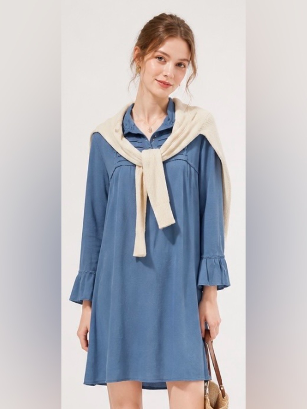 FREE PEOPLE Dress Shift Blue Jersey Knit Henley Bohemian Long Sleeve